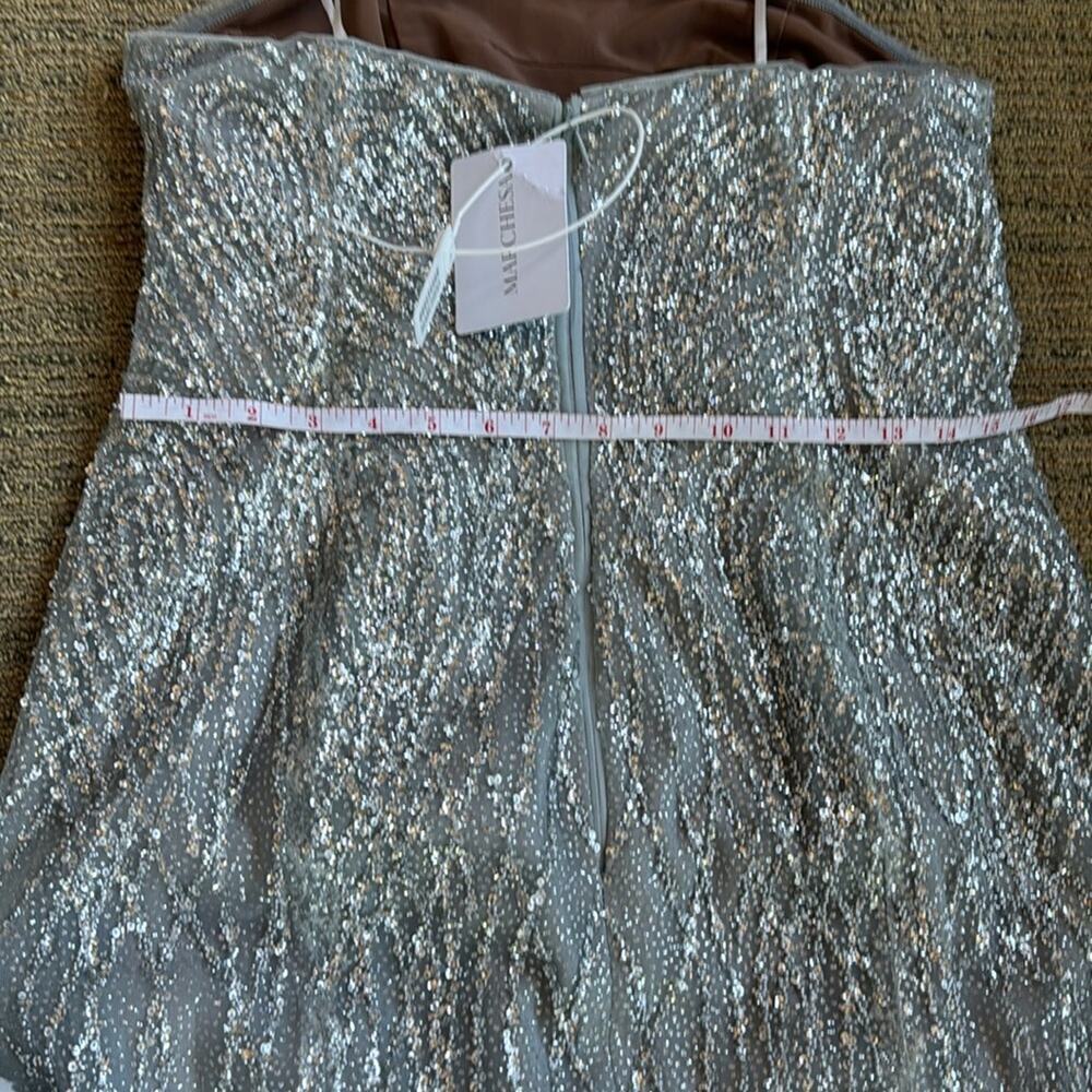 Marchesa Notte Strapless Beaded Glitter Maxi Column Gown w Caplet silver NEW - Picture 11 of 15